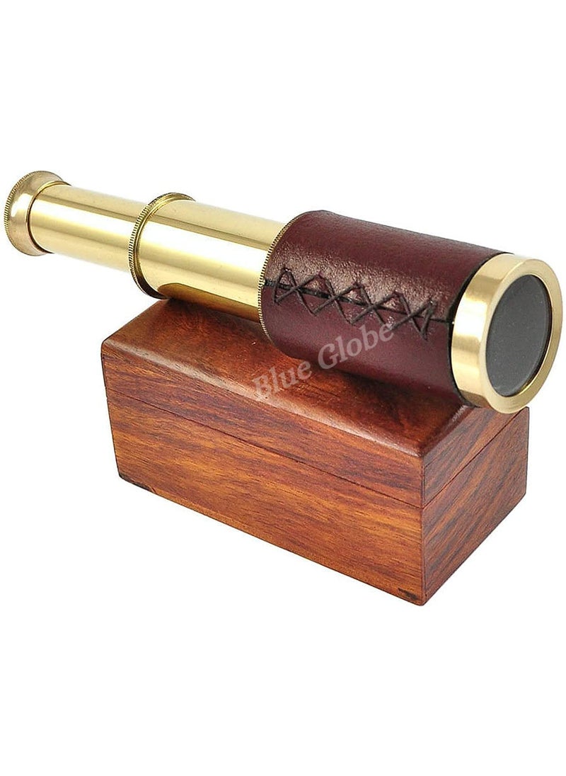 6 Brass Spyglass Telescope with Wooden Box Brass Monocular Decorative Telescope with Glass Optics for Kids Polish Finish Brown Leather Grip by Blue Globe Export