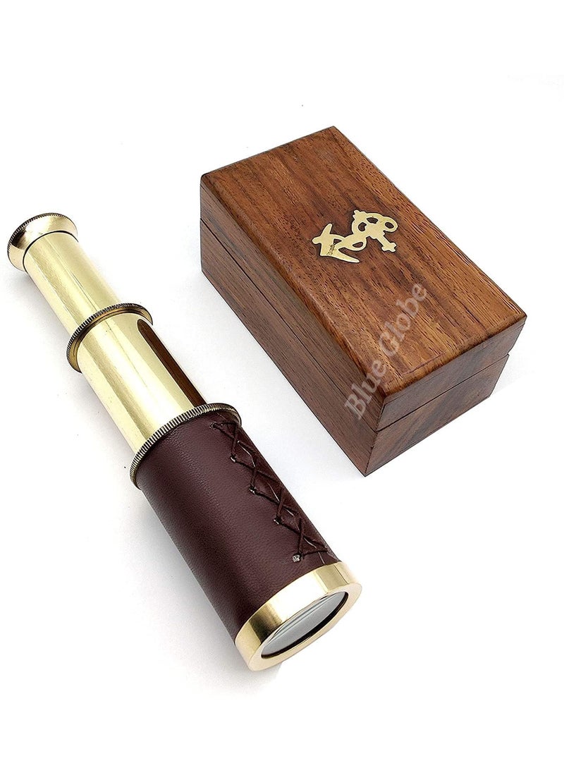 6 Brass Spyglass Telescope with Wooden Box Brass Monocular Decorative Telescope with Glass Optics for Kids Polish Finish Brown Leather Grip by Blue Globe Export