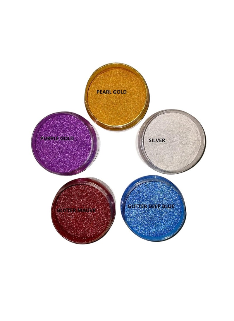 KEDIA MINERALS Pearl Gold Silver Glitter DEEP Blue Glitter Mauve and Purple Rose Mica Pearl Powder Pigment Each 25 Grams Used for Candle Making Art Epoxy