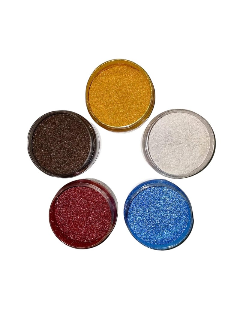 KEDIA MINERALS Pearl Gold Silver Glitter DEEP Blue Glitter Mauve and NUT Brown Mica Pearl Powder Pigment Each 25 Grams Used for Candle Making Art Epoxy