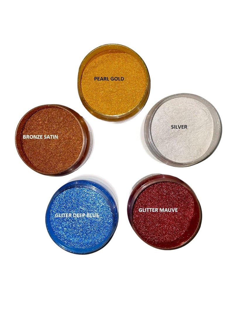 KEDIA MINERALS Pearl Gold Silver Glitter Mauve Glitter DEEP Blue and Bronze Satin Mica Pearl Powder Pigment Each 25 Grams Used for Candle Making Art Epoxy
