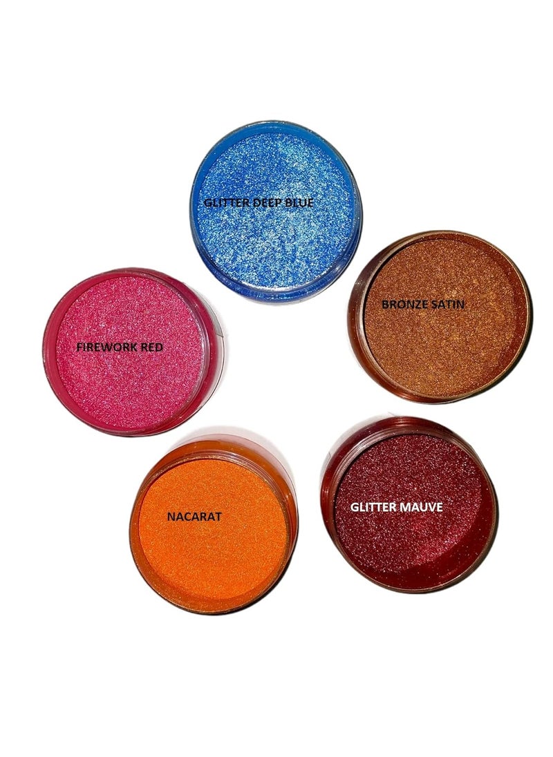 KEDIA MINERALS GLITTER DEEP BLUE BRONZE SATIN GLITTER MAUVE NACARAT and FIREWORK RED Mica Pearl Powder Pigment Each 25 Grams Used for Candle MakingEpoxy