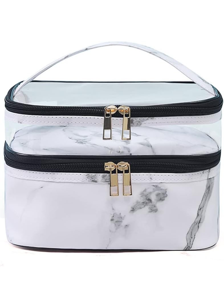 FITINI Makeup Bags Double Layer Travel Storage Cosmetic Cases Make up Organizer Toiletry Bags Water-resistant for Women Makeup Brush Bag,White Marble