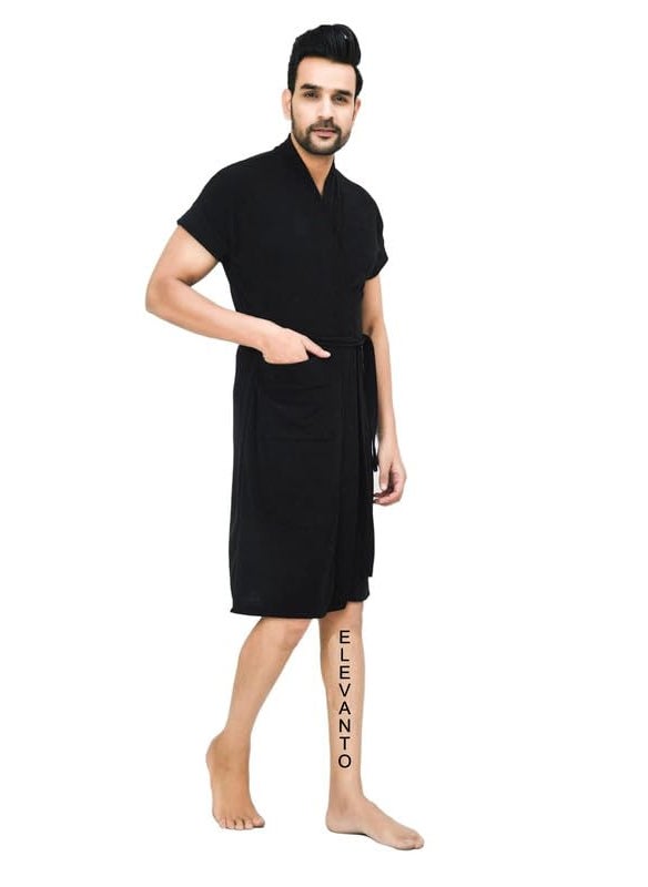 ELEVANTO bathrobe for menbath robes Half Sleeve 1 Pocket Soft Lightweight Comfort bath robe BLACK