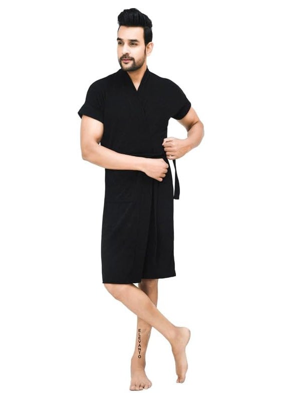ELEVANTO bathrobe for menbath robes Half Sleeve 1 Pocket Soft Lightweight Comfort bath robe BLACK