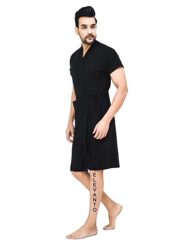 ELEVANTO bathrobe for menbath robes Half Sleeve 1 Pocket Soft Lightweight Comfort bath robe BLACK