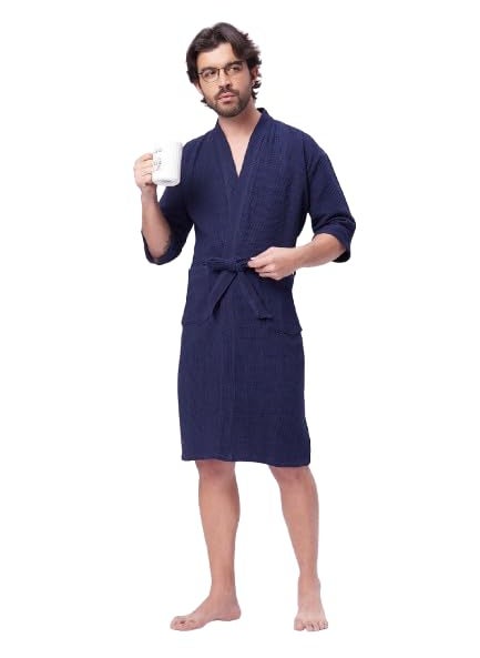 LacyLook Mens Pure Cotton Waffle Bathrobe Navy blue