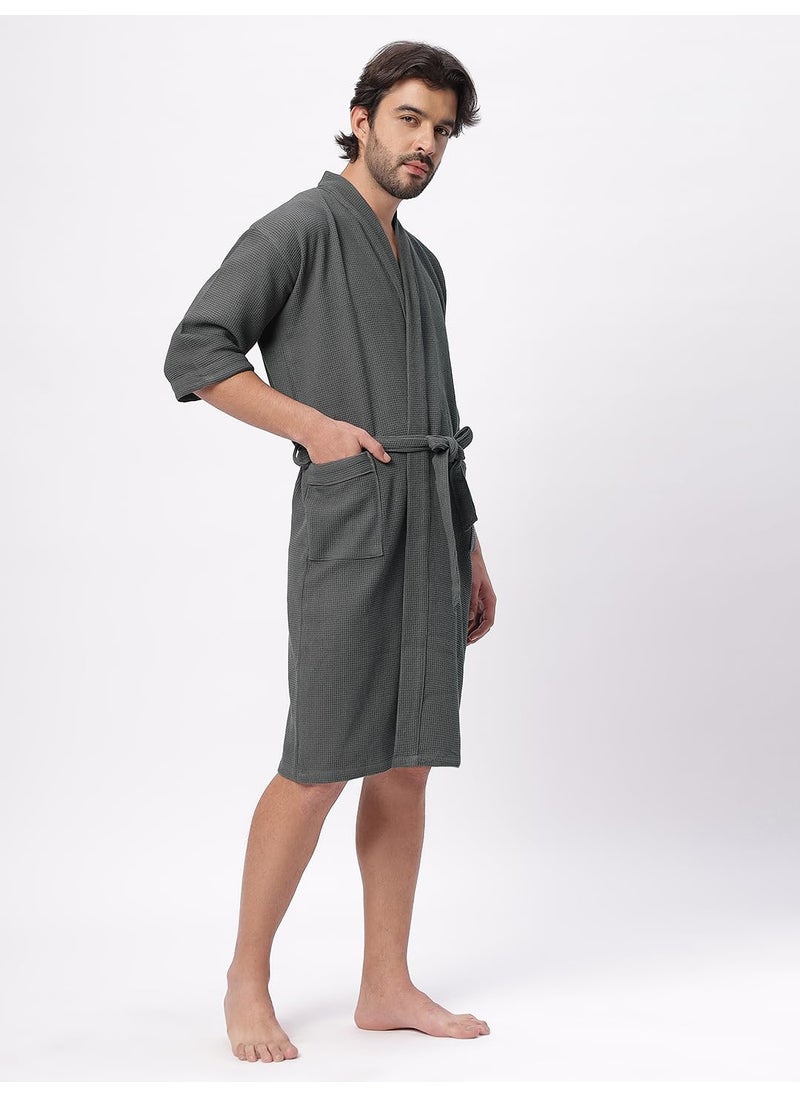 HotGown Mens Pure Cotton Waffle Bathrobe Grey