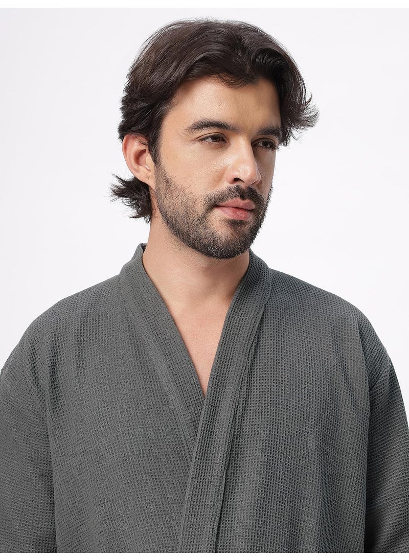 HotGown Mens Pure Cotton Waffle Bathrobe Grey