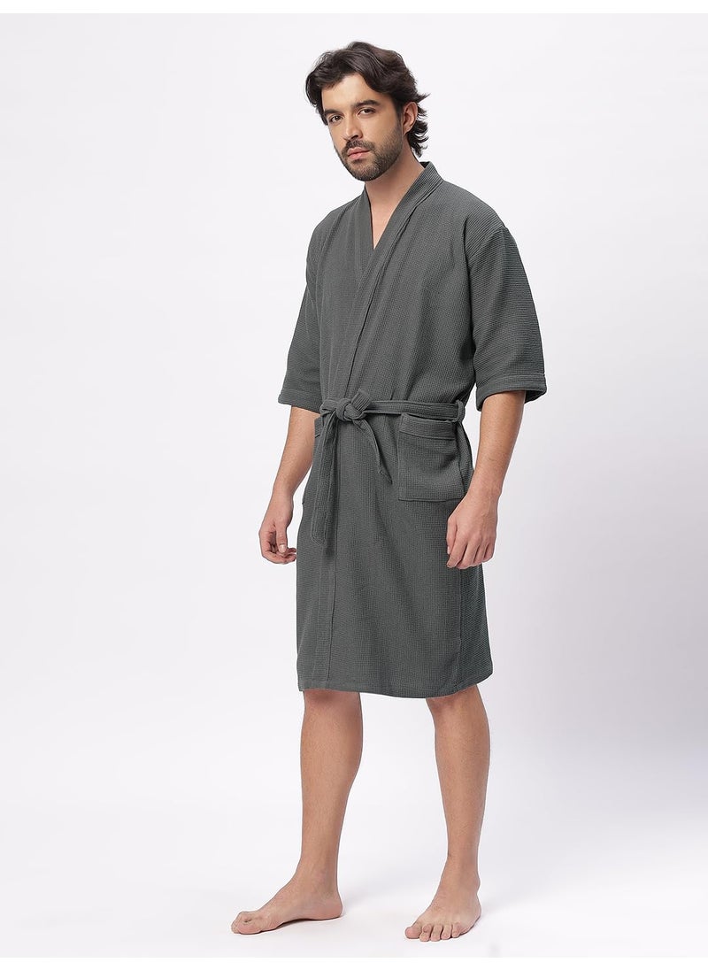HotGown Mens Pure Cotton Waffle Bathrobe Grey