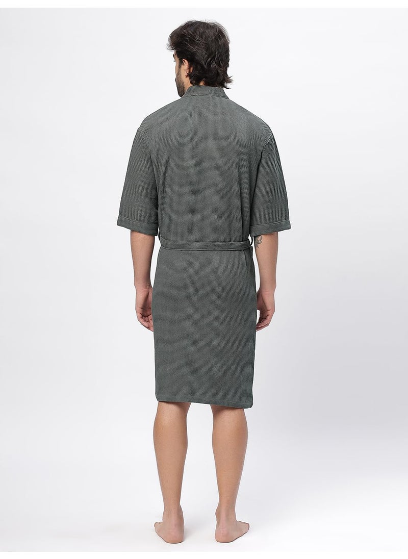 HotGown Mens Pure Cotton Waffle Bathrobe Grey