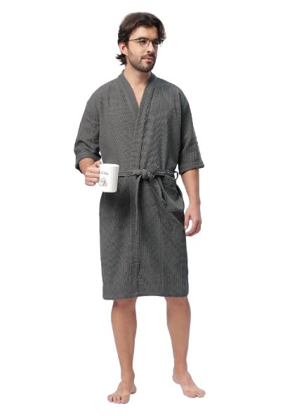 HotGown Mens Pure Cotton Waffle Bathrobe Grey