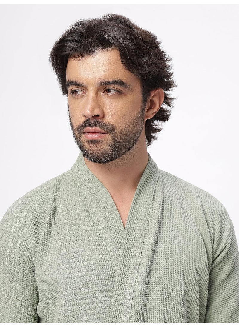 HotGown Mens Pure Cotton Waffle Bathrobe Pastel sage