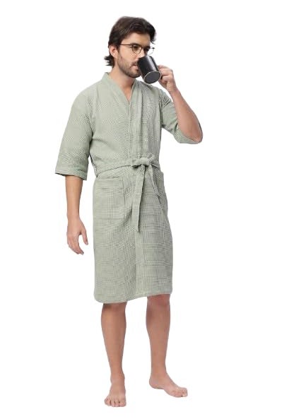 HotGown Mens Pure Cotton Waffle Bathrobe Pastel sage