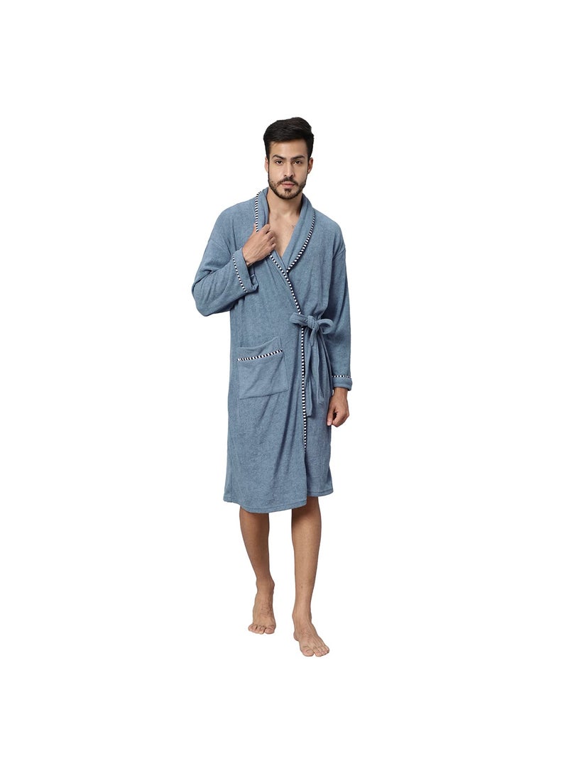 HotGown Mens Double Terry Printed Shawl Collar Bathrobe Full Sleeves Bathrobe L Blue