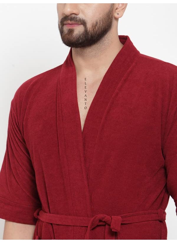 ELEVANTO PREMIUM DRY TECH TERRY MATERIAL 34 SLEEVE WITH FRONT POCKET BATHROBE FOR MENSMEHROON