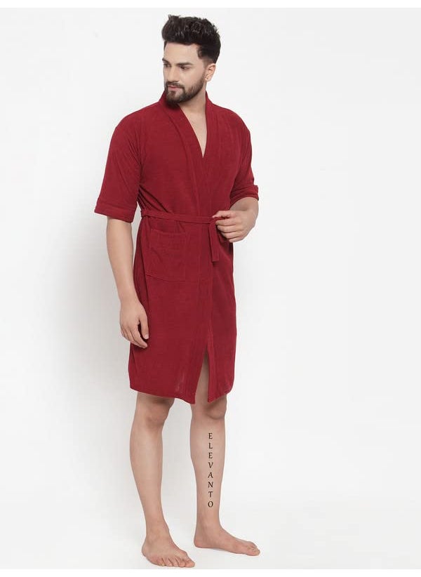 ELEVANTO PREMIUM DRY TECH TERRY MATERIAL 34 SLEEVE WITH FRONT POCKET BATHROBE FOR MENSMEHROON