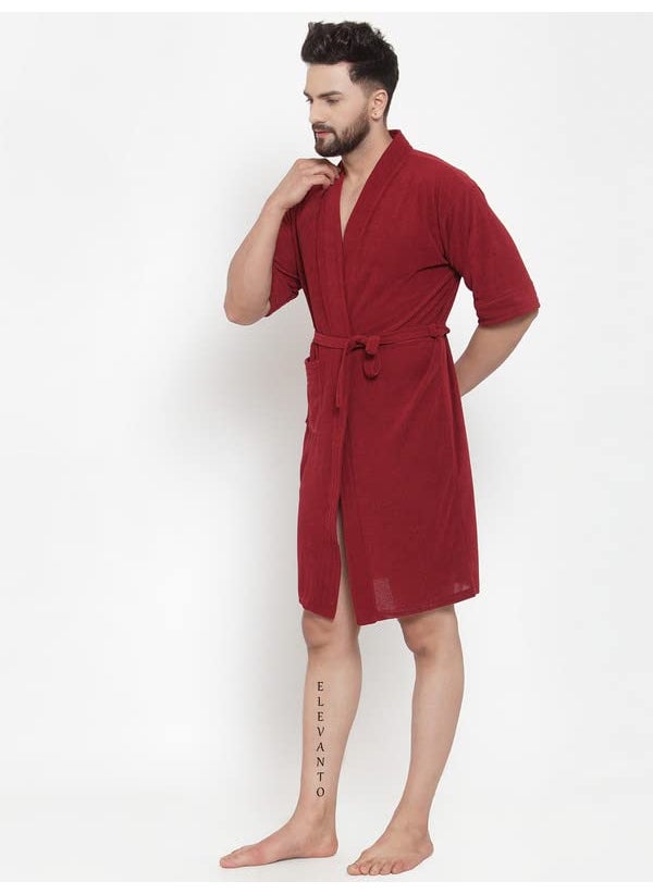 ELEVANTO PREMIUM DRY TECH TERRY MATERIAL 34 SLEEVE WITH FRONT POCKET BATHROBE FOR MENSMEHROON