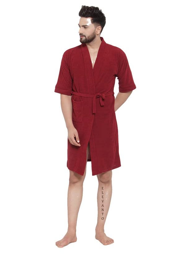 ELEVANTO PREMIUM DRY TECH TERRY MATERIAL 34 SLEEVE WITH FRONT POCKET BATHROBE FOR MENSMEHROON
