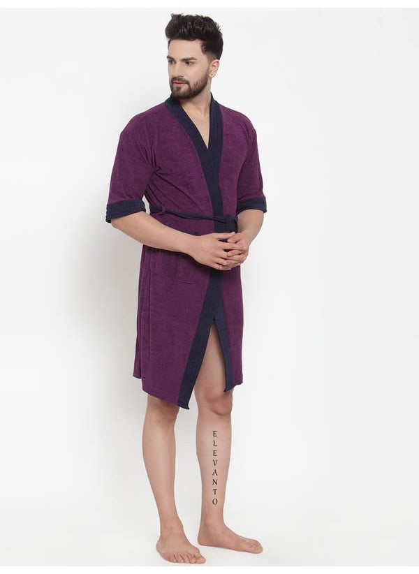 ELEVANTO PREMIUM DRY TECH TERRY MATERIAL 34 SLEEVE WITH FRONT POCKET BATHROBE FOR MENSPURPLE WITH NAVY STRIPS