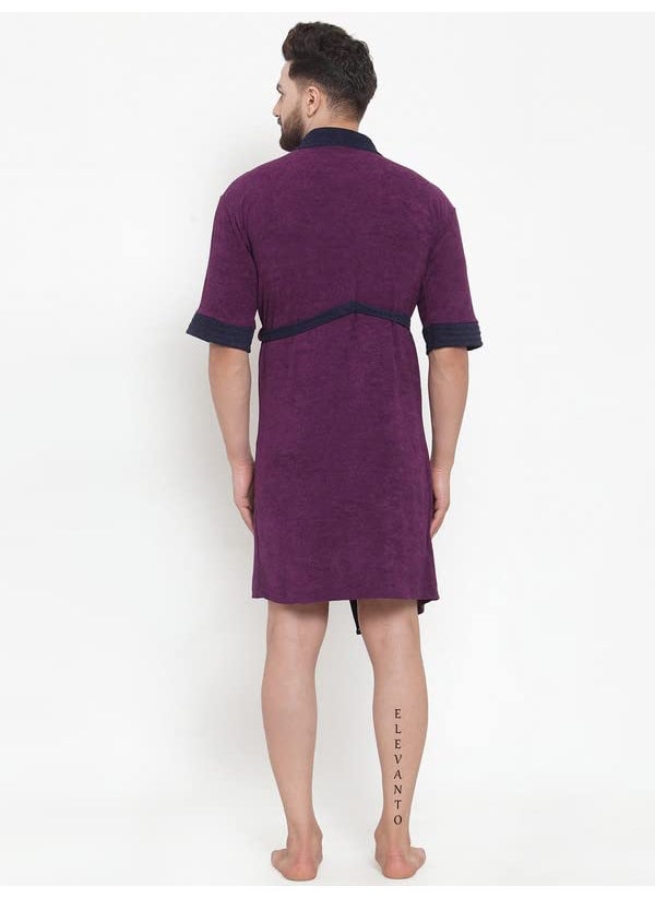 ELEVANTO PREMIUM DRY TECH TERRY MATERIAL 34 SLEEVE WITH FRONT POCKET BATHROBE FOR MENSPURPLE WITH NAVY STRIPS