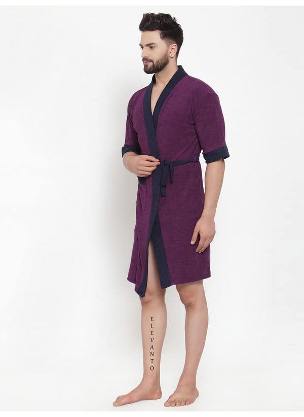 ELEVANTO PREMIUM DRY TECH TERRY MATERIAL 34 SLEEVE WITH FRONT POCKET BATHROBE FOR MENSPURPLE WITH NAVY STRIPS