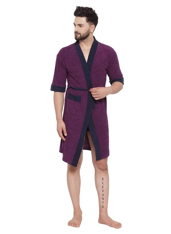 ELEVANTO PREMIUM DRY TECH TERRY MATERIAL 34 SLEEVE WITH FRONT POCKET BATHROBE FOR MENSPURPLE WITH NAVY STRIPS