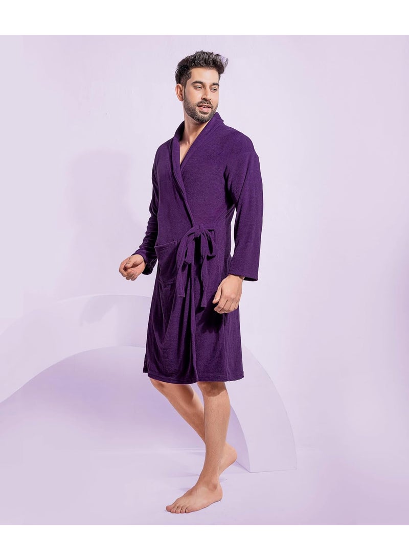 HotGown Mens Double Terry Bathrobe Plain Purple Free Size