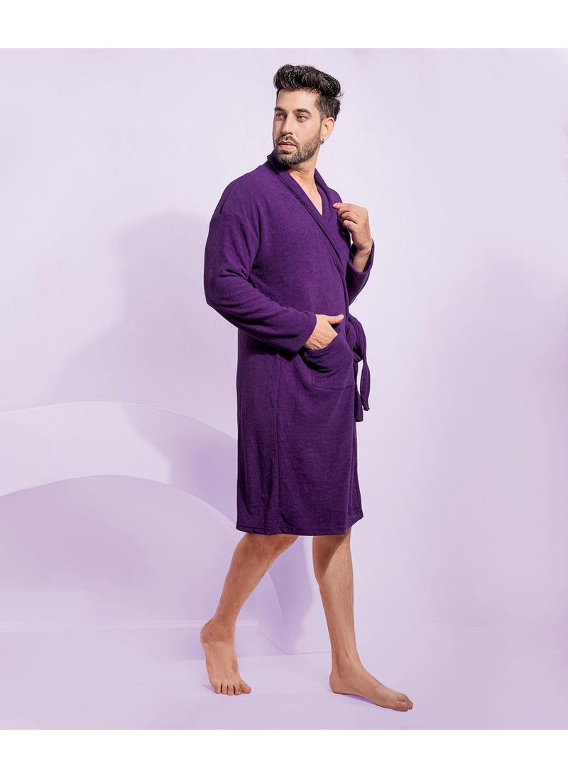 HotGown Mens Double Terry Bathrobe Plain Purple Free Size