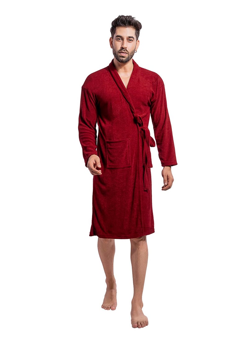 HotGown Mens Double Terry Bathrobe Plain Maroon Free Size