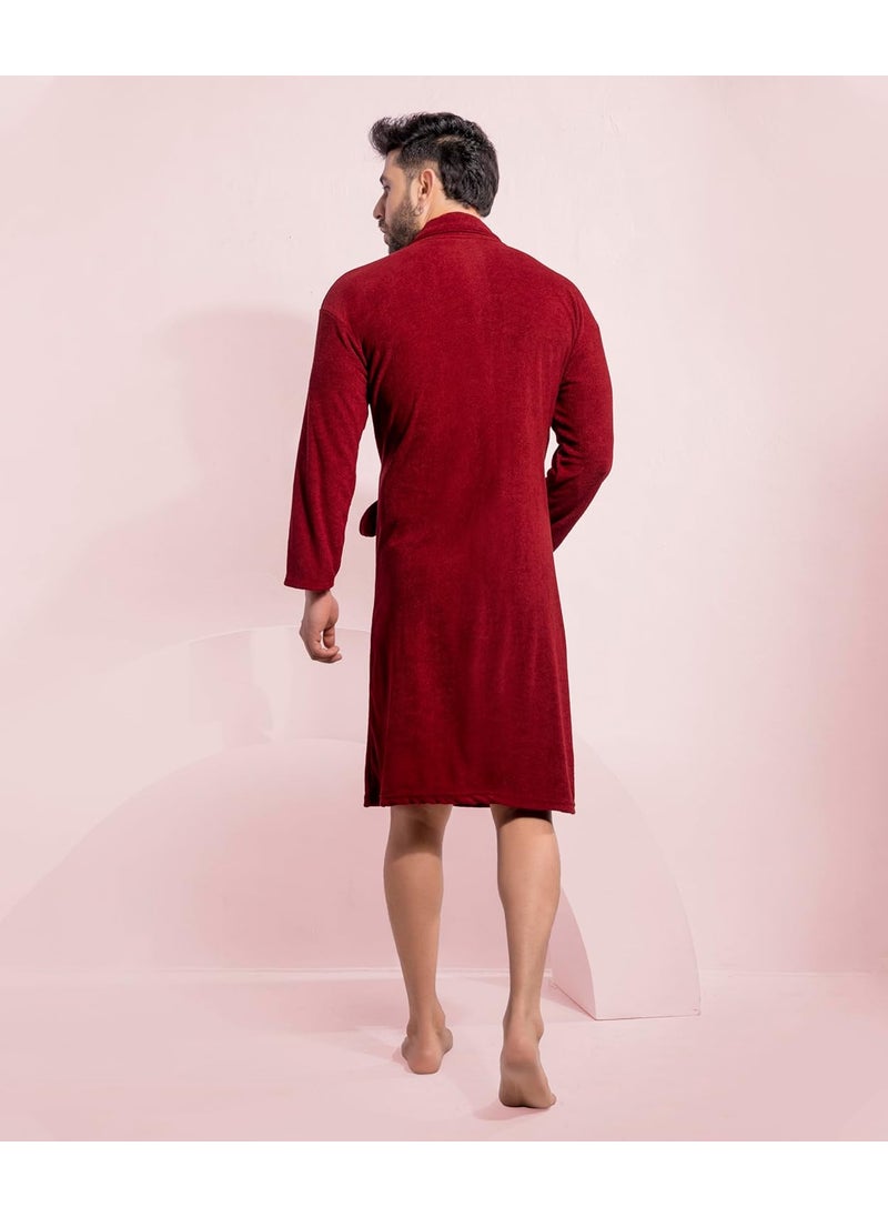 HotGown Mens Double Terry Bathrobe Plain Maroon Free Size