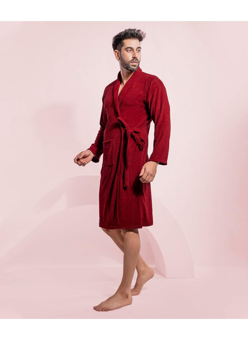 HotGown Mens Double Terry Bathrobe Plain Maroon Free Size