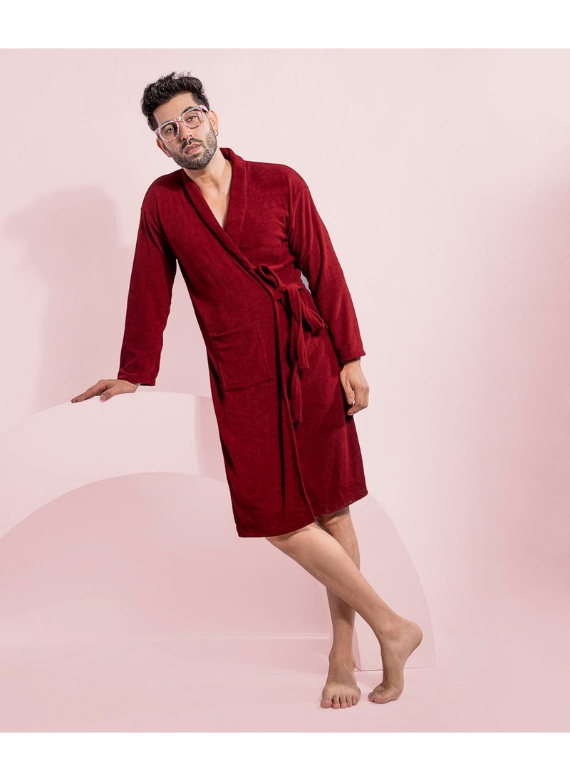 HotGown Mens Double Terry Bathrobe Plain Maroon Free Size