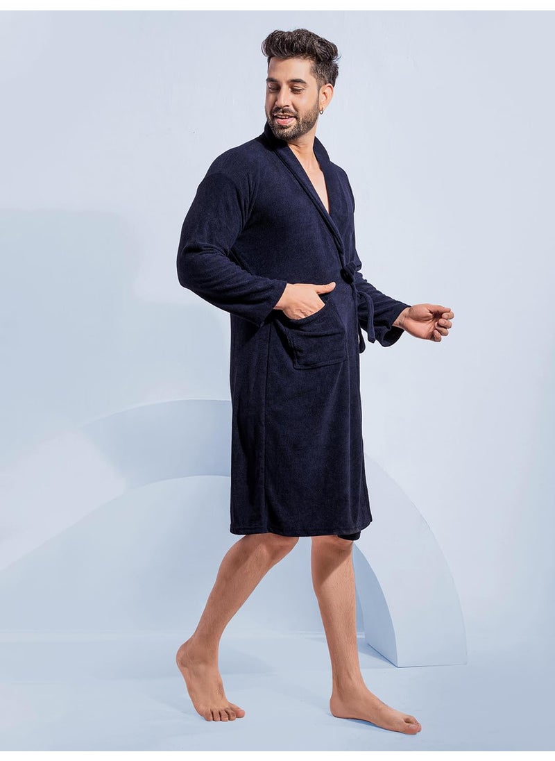 HotGown Mens Double Terry Bathrobe Plain Navy blue Free Size