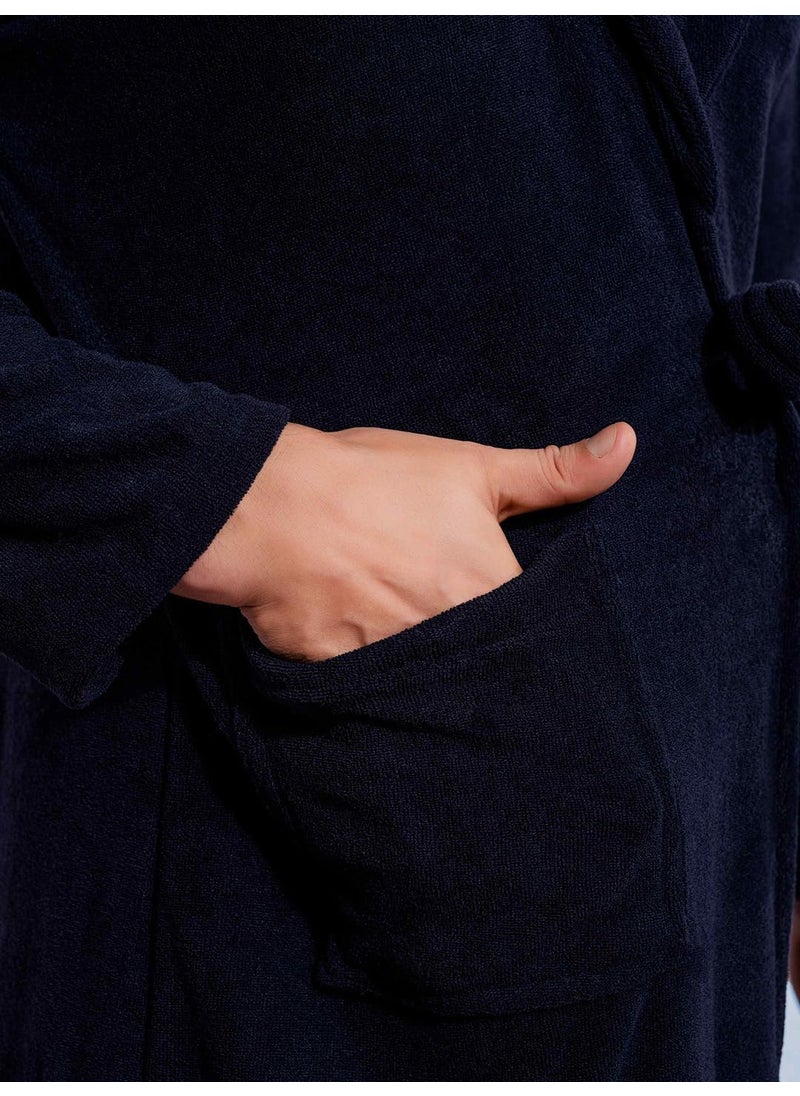 HotGown Mens Double Terry Bathrobe Plain Navy blue Free Size