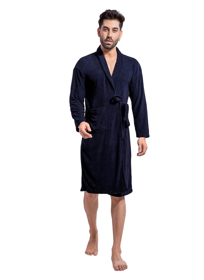 HotGown Mens Double Terry Bathrobe Plain Navy blue Free Size