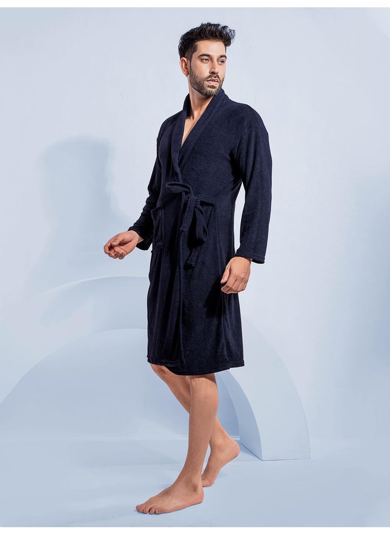 HotGown Mens Double Terry Bathrobe Plain Navy blue Free Size