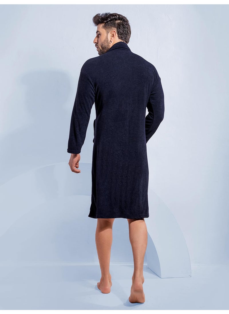 HotGown Mens Double Terry Bathrobe Plain Navy blue Free Size