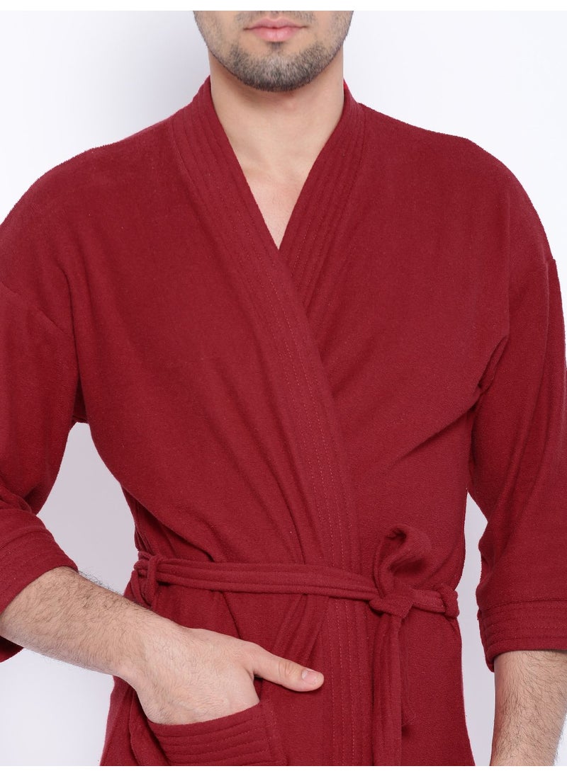 SAND DUNE Mens Terry Cotton Full Sleeve Knee Length Plain Bathrobe Gown with Pocket Waist Belt