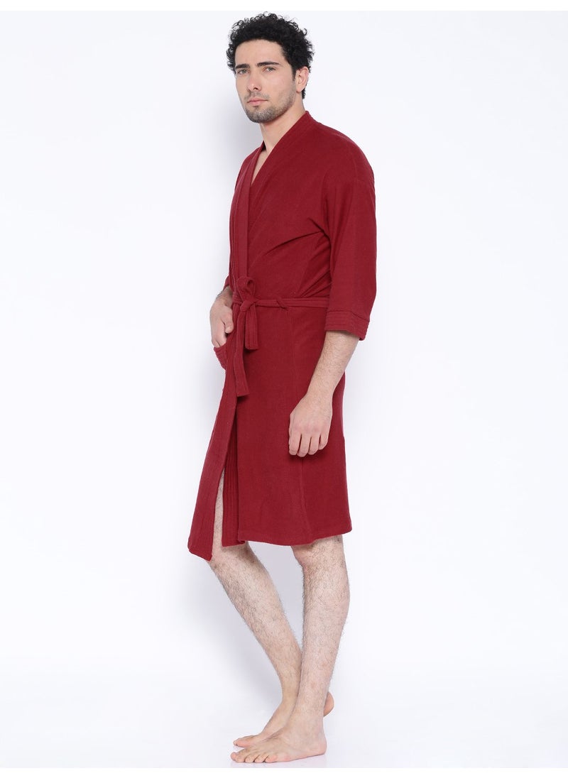 SAND DUNE Mens Terry Cotton Full Sleeve Knee Length Plain Bathrobe Gown with Pocket Waist Belt