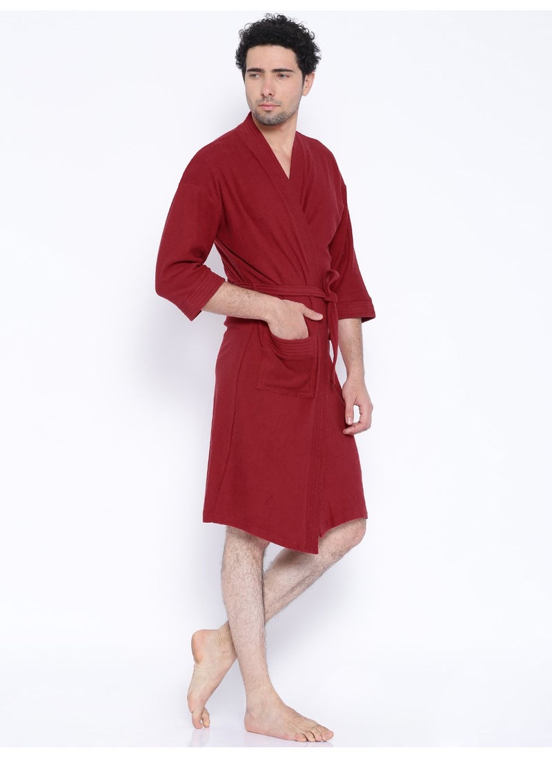 SAND DUNE Mens Terry Cotton Full Sleeve Knee Length Plain Bathrobe Gown with Pocket Waist Belt