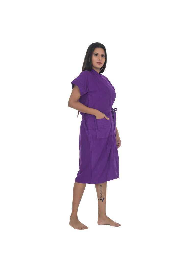 Poorak Dark Collection Solid Purple Color Half Sleeves Soft Terry Cotton Bathrobe for Women Free Size Upto 42 Inches