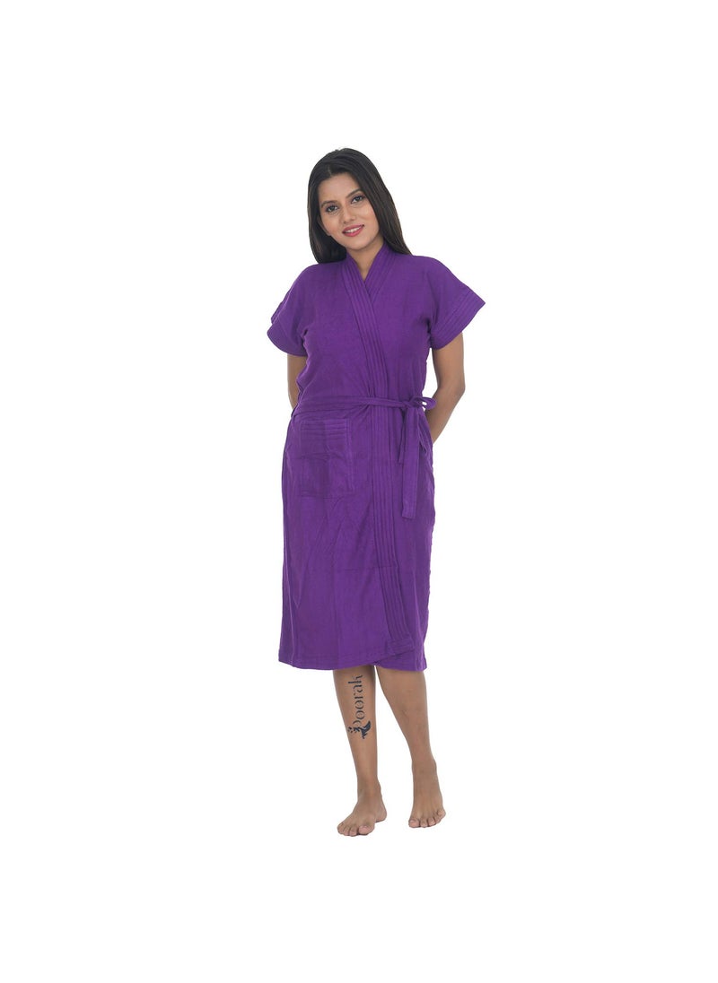 Poorak Dark Collection Solid Purple Color Half Sleeves Soft Terry Cotton Bathrobe for Women Free Size Upto 42 Inches