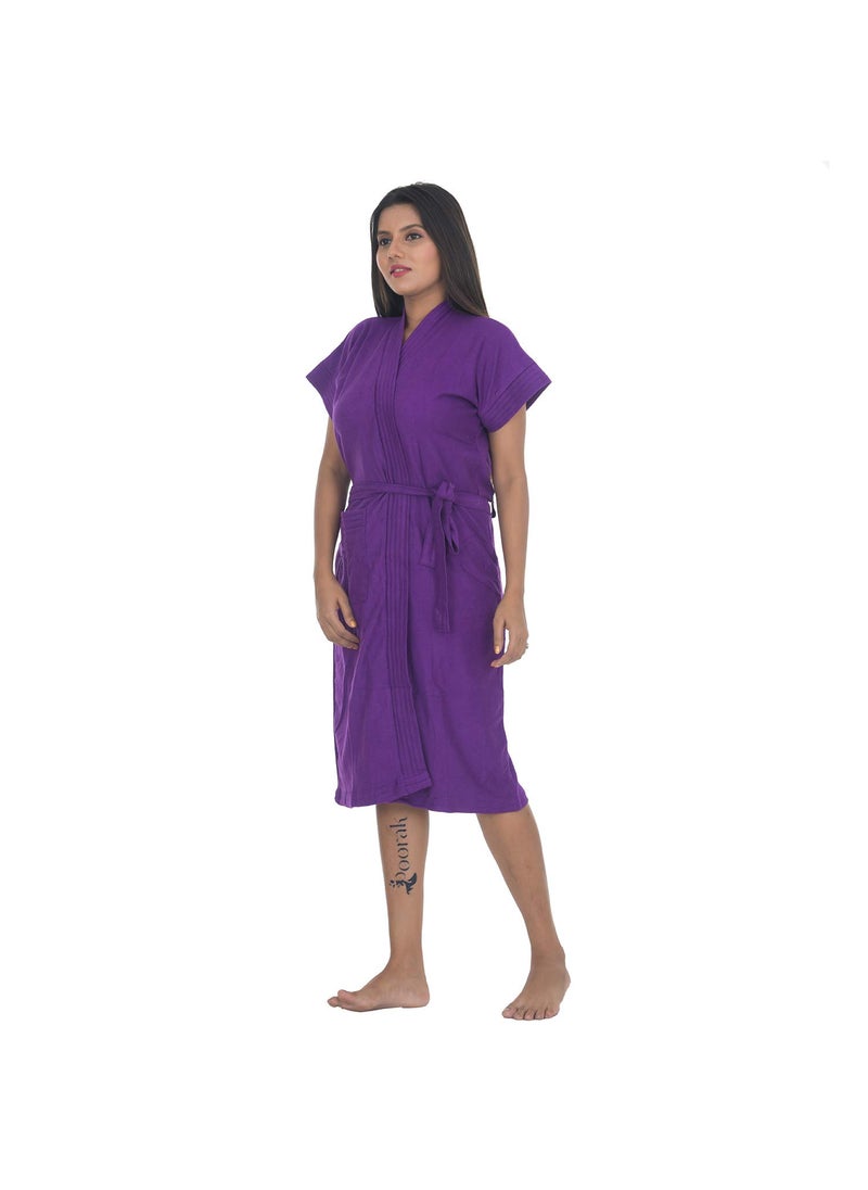 Poorak Dark Collection Solid Purple Color Half Sleeves Soft Terry Cotton Bathrobe for Women Free Size Upto 42 Inches