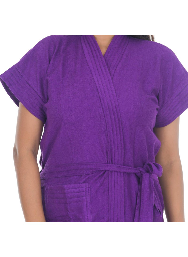 Poorak Dark Collection Solid Purple Color Half Sleeves Soft Terry Cotton Bathrobe for Women Free Size Upto 42 Inches