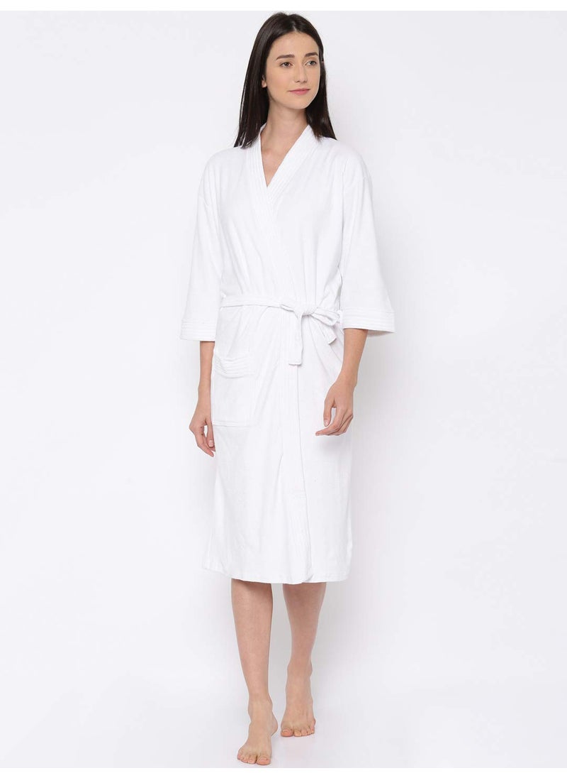 Sanddune Mens and Womens Terry Cotton Full Sleeve Knee Length with Pocket and Waist Belt Plain Bathrobe Gown White Large