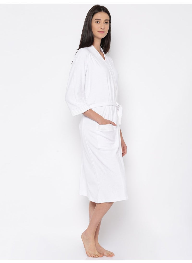 Sanddune Mens and Womens Terry Cotton Full Sleeve Knee Length with Pocket and Waist Belt Plain Bathrobe Gown White Large