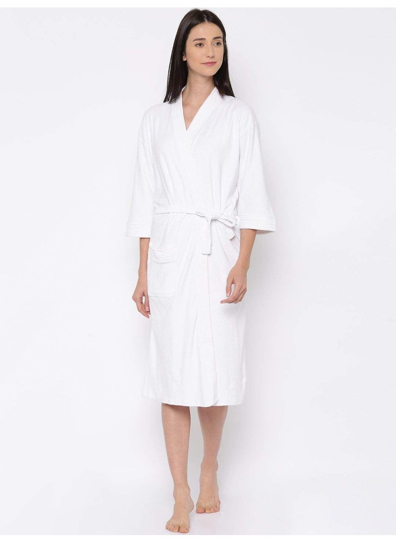 Sanddune Mens and Womens Terry Cotton Full Sleeve Knee Length with Pocket and Waist Belt Plain Bathrobe Gown White Large