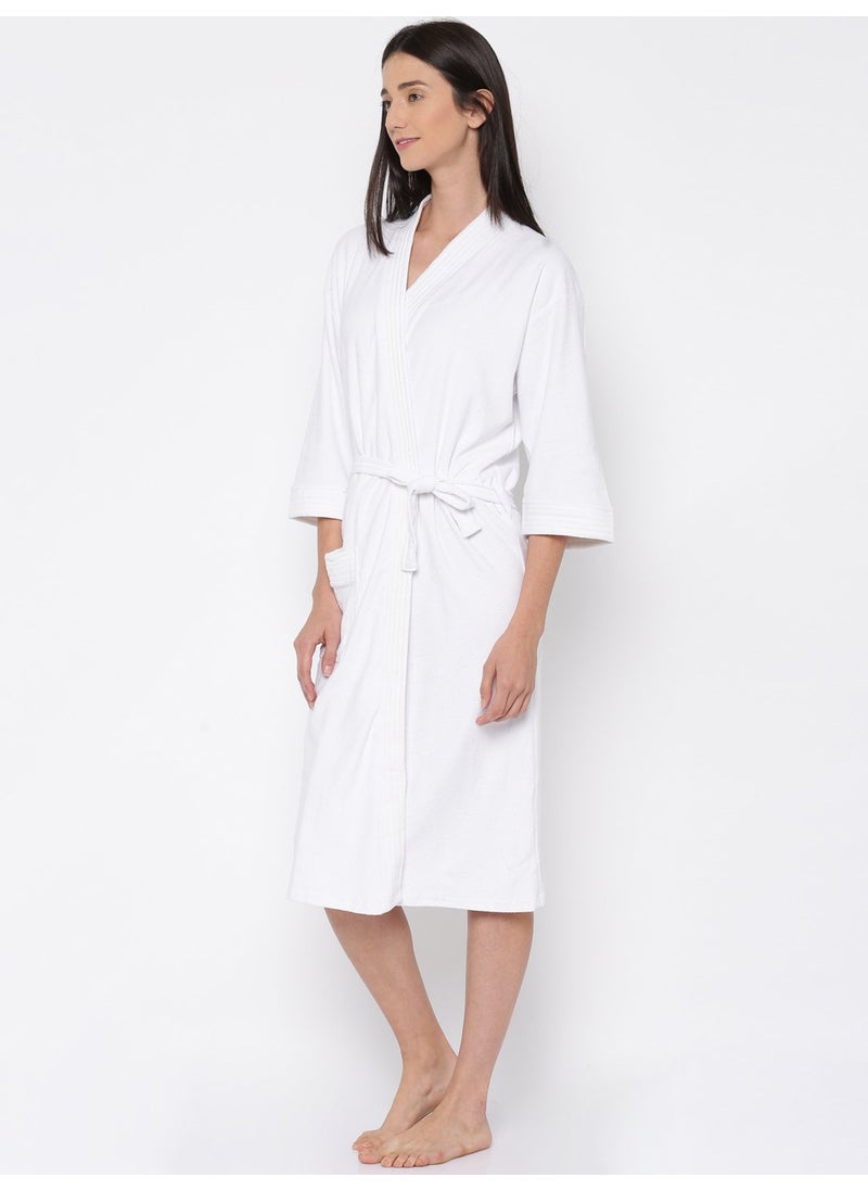 Sanddune Mens and Womens Terry Cotton Full Sleeve Knee Length with Pocket and Waist Belt Plain Bathrobe Gown White Large
