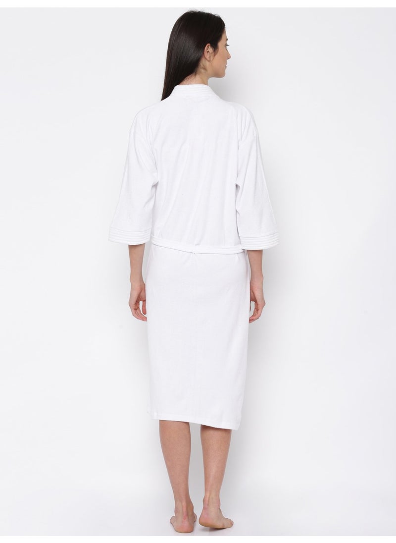 Sanddune Mens and Womens Terry Cotton Full Sleeve Knee Length with Pocket and Waist Belt Plain Bathrobe Gown White Large